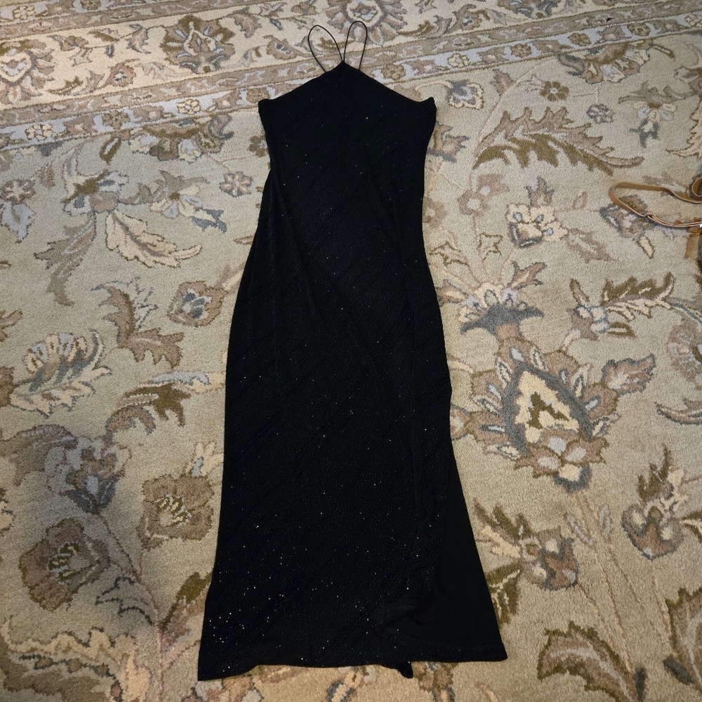 Vintage Y2K Charlotte Russe Gown L Prom Dress Maxi Black Sparkly Slit Strappy